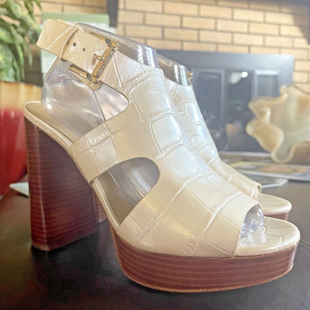 Michael Kors Cream Croc-Embossed Platform Heels with Wood-Tone Block Heel